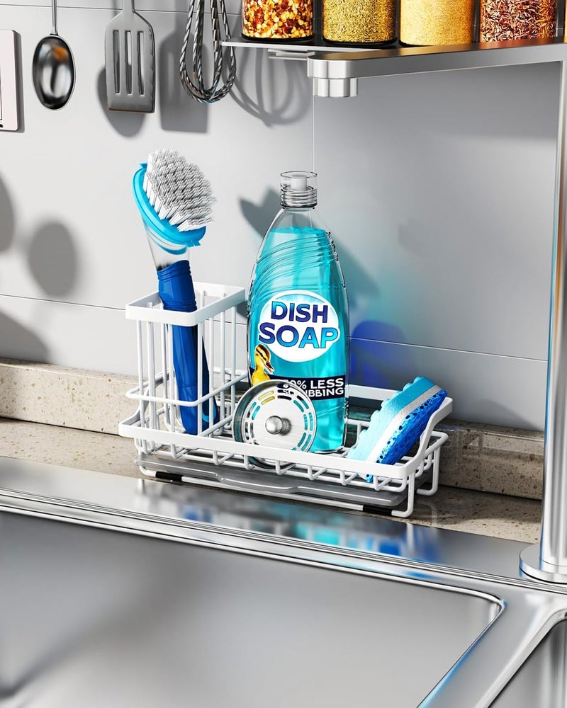Consumest Sponge Holder for Kitchen Sink - Sink Caddy Organizer with Removable Drip Tray for Countertop Dish Soap Dispenser Brush Storage Kitchen Accessories 304 Stainless Steel, White - Image 3